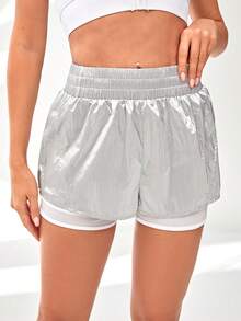 Shorts deportivos unido en contraste de color metálico - Plateado - Ver 5