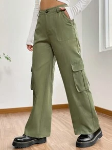 SHEIN EZwear 側翻蓋口袋工裝褲 - 綠色 - 查看 5