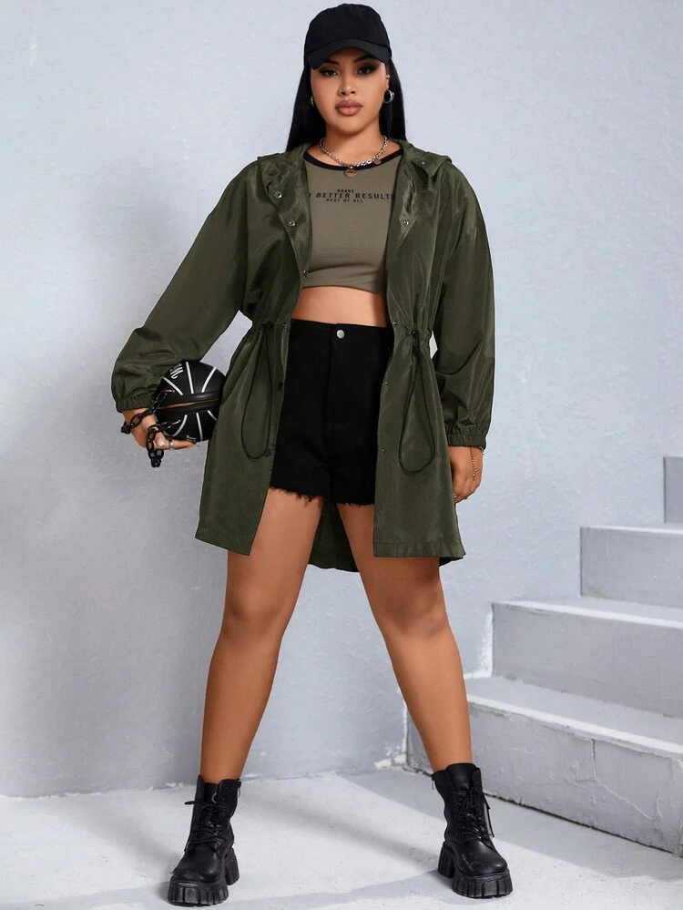 SHEIN EZwear מידות גדולות מותן שרוך כתף חשופה ברדס ג'קט רוח - צבאי ירוק - ראה 6
