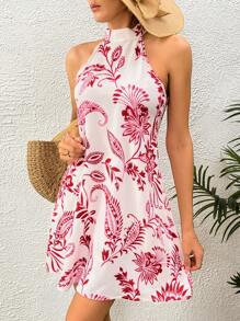 SHEIN VCAY Paisley Print Halter Neck Dress - Red and White - View 5