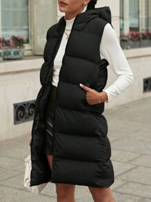 EURMUSE Solid Zip Up Hooded Vest Puffer Coat - Black - View 3