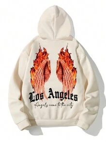 Manfinity EMRG 男士翅膀&標語圖案抽繩連帽衫 - 卡其色 - 查看 3