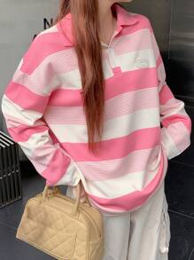 DAZY Striped Polo Neck Drop Shoulder Tee Long Sleeve Women Tops - Pink - View 1