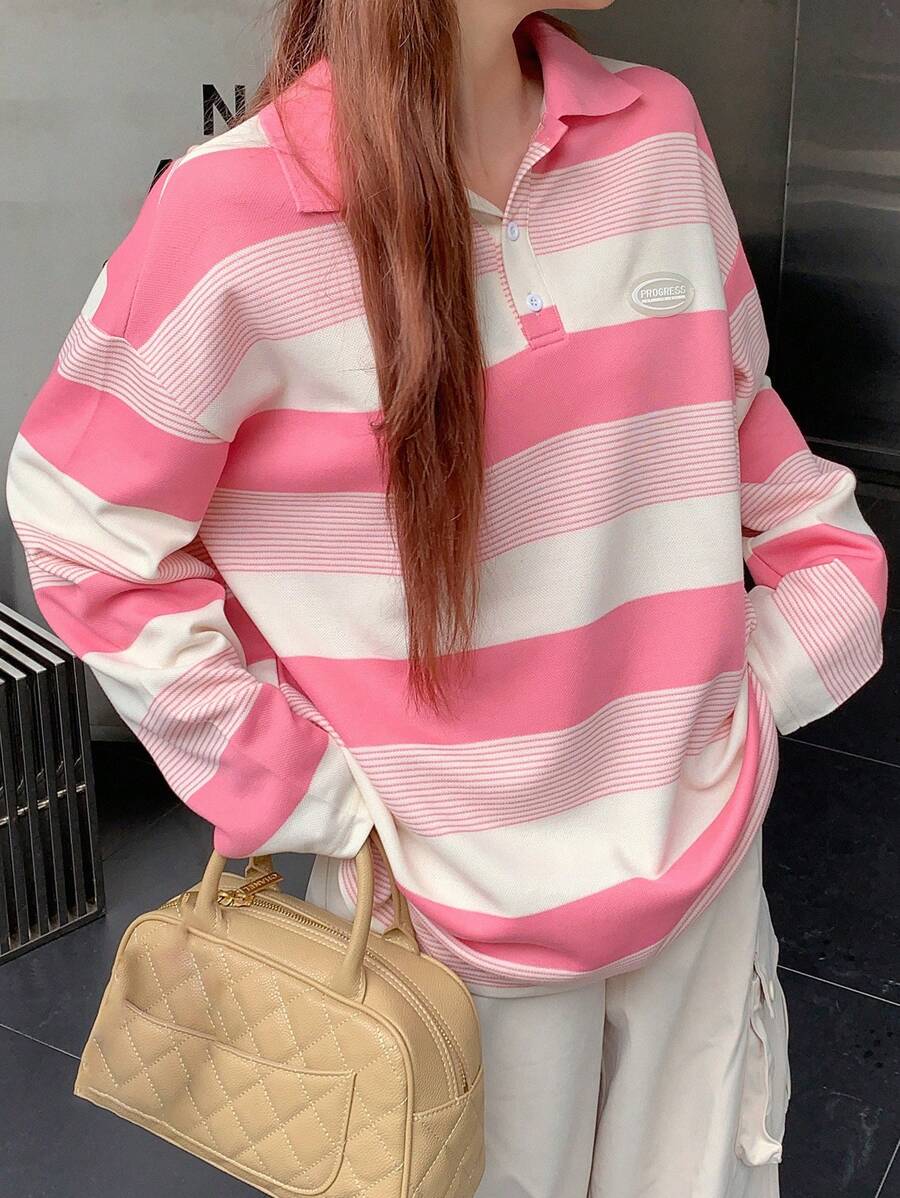DAZY Striped Polo Neck Drop Shoulder Tee Long Sleeve Women Tops - Pink - View 1
