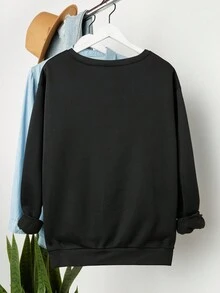 Flirla 大碼小狗印花落肩袖運動衫 - 黑色 - 查看 2