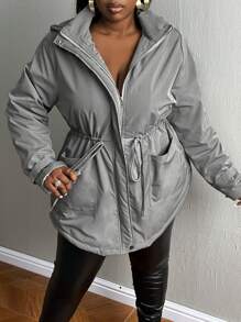 Slaydiva Plus Size Flap Pocket Drawstring Waist Hooded Padded Coat - Dark Grey - View 5