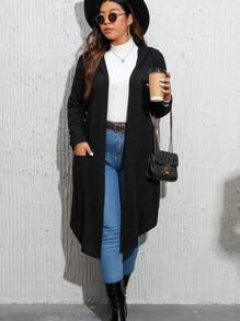 SHEIN LUNE Plus Dual Pocket Open Front Hooded Coat - Black - View 5