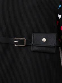 SHEIN 女小童愛心圖案小高領泡泡袖洋裝不附腰帶 - 黑色 - 查看 6