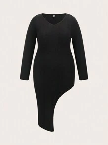 SHEIN EZwear Vestido tejido de canalé con abertura en el muslo - Negro - Ver 1