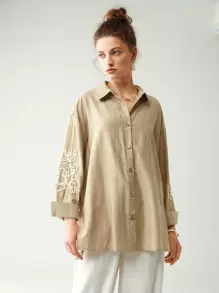 Anewsta Camisa con inserción de encaje guipur de hombros caídos - Caqui - Ver 4