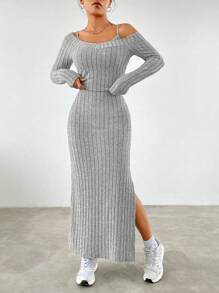 SHEIN EZwear Camiseta unicolor & de muslo con abertura Vestido de tirantes - Gris - Ver 1