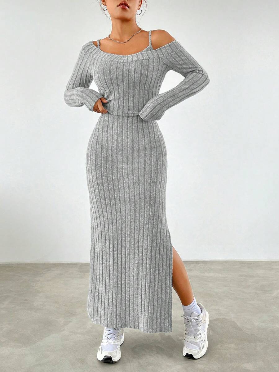 SHEIN EZwear Camiseta unicolor & de muslo con abertura Vestido de tirantes - Gris - Ver 1