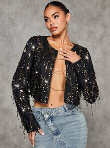 SHEIN BAE 聖誕開門襟短款亮片夾克 - 黑色 - 查看 6