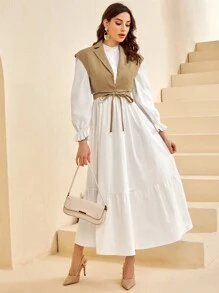 Seusyu 荷叶边下摆连衣裙和前系带背心夹克两件套 - 卡其色 - 查看 4