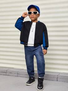 SHEIN Young Boy Letter Patched Striped Trim Drop Shoulder Thermal Lined Bomber Jacket - Multicolor - View 5