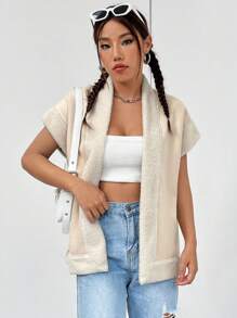 SHEIN Unity Tương phản Trang trí Fuzzy Mở Mặt trước áo - Màu be - Xem 3