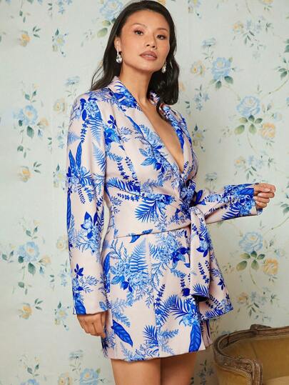 EastFlair Tropical Print Lapel Neck Belted Blazer Dress