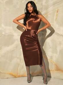 SHEIN SXY 十字交叉側繫帶高衩緞面吊帶洋裝 - 亮橙色 - 查看 3