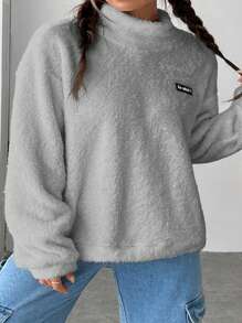 SHEIN EZwear 字母貼布落肩袖搖粒絨運動衫 - 灰色 - 查看 3