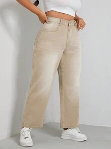 SHEIN EZwear 大碼高腰直筒牛仔褲 - 卡其色 - 查看 3