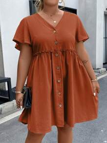 Vionelle Plus Button Front Flounce Sleeve Frill Trim Smock Dress - Rust Brown - View 3