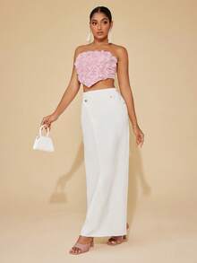 SHEIN BAE High Waist Button Detail Denim Skirt - White - View 5