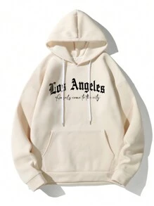 Manfinity EMRG 男士翅膀&標語圖案抽繩連帽衫 - 卡其色 - 查看 2