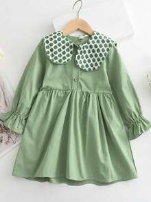 Chica Joven 1 pieza Vestido de princesa elegante verde color manzana unicolor con grande cuello - Verde - Ver 1