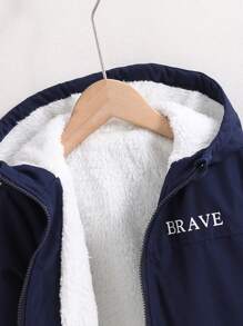 SHEIN Tween Boy Letter Graphic Flap Pocket Teddy Lined Hooded Jacket - Navy Blue - View 4