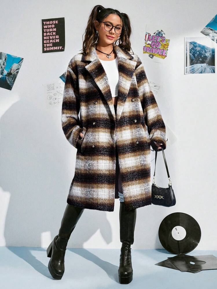 Plaid Print Drop Shoulder Double Breasted Overcoat