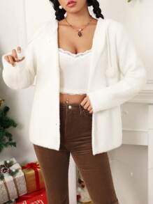 SHEIN EZwear 絨球裝飾抽繩連帽開襟衫 - 米色 - 查看 2