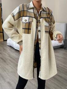 SHEIN LUNE Plaid Print Drop Shoulder Flap Pocket Teddy Coat - Multicolor - View 4