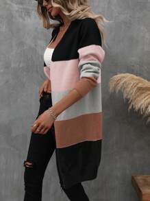 SHEIN LUNE Áo len cardigan thiết kế thường ngày Color Block - Hồng - Xem 3