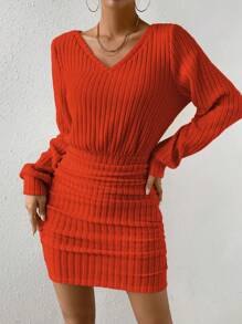 SHEIN Essnce Solid V Neck Ruched Bodycon Dress - Orange - View 6