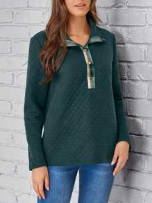 SHEIN LUNE Contrast Plaid Panel Button Front Tee - Asker Yeşili - Görünüm 5