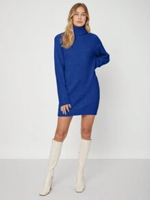 EURMUSE Solid Turtleneck Drop Shoulder Sweater Dress - Royal Blue - View 3