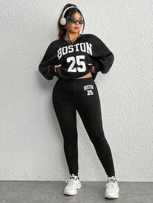 SHEIN EZwear Plus Letter Graphic Drop Shoulder Sweatshirt & Leggings - Black - View 5