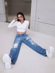 破洞直筒牛仔褲 - 藍色 - 查看 4