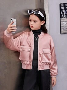 SHEIN Tween Girl Flap Pocket Drop Shoulder Zipper Up Thermal Bomber Jacket - Dusty Pink - View 1