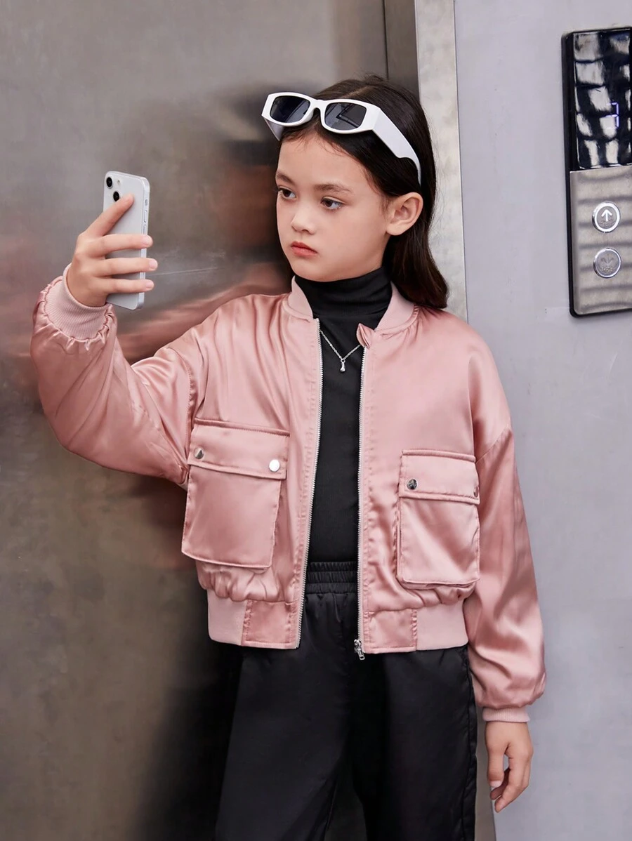 SHEIN Tween Girl Flap Pocket Drop Shoulder Zipper Up Thermal Bomber Jacket - Dusty Pink - View 1