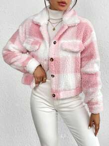 RosyDaze Áo khoác lông cổ bẻ kẻ caro giản dị, túi, thu/đông - Hồng - Xem 5