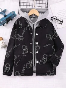 Tween Boy 1pc Astronaut Print Hooded 2 In 1 Coat - Black - View 1