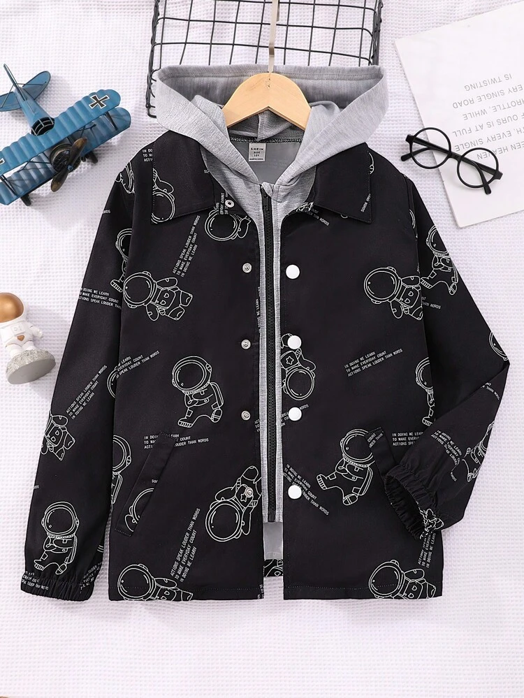 Tween Boy 1pc Astronaut Print Hooded 2 In 1 Coat