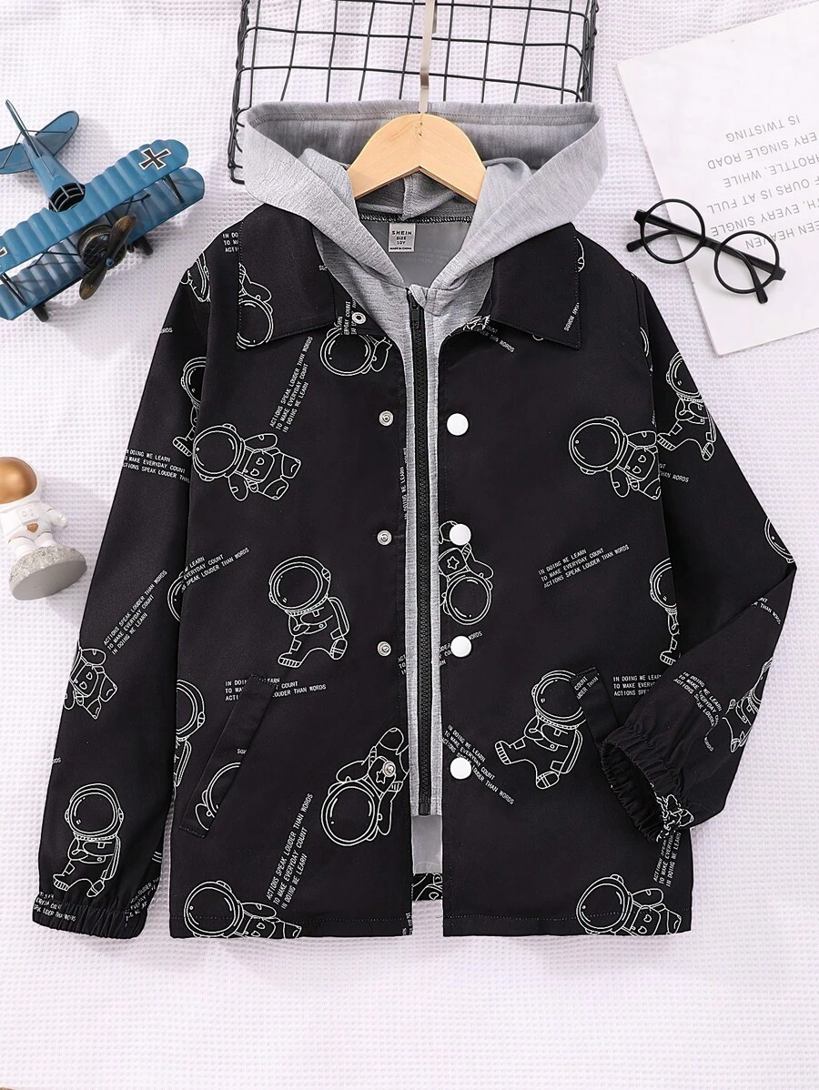Tween Boy 1pc Astronaut Print Hooded 2 In 1 Coat - Black - View 1