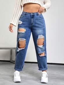 SHEIN EZwear 大碼高腰破洞媽媽牛仔褲 - 深色水洗藍 - 查看 3