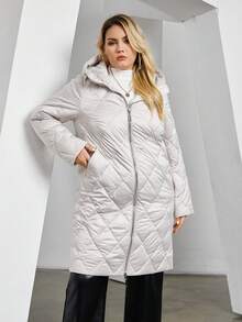 Astrid Plus Zip Up Hooded Quilted Coat - Beige - View 3