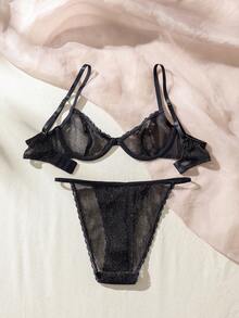 SHEIN Lace Trim Mesh Underwire Lingerie Set - Black - View 2