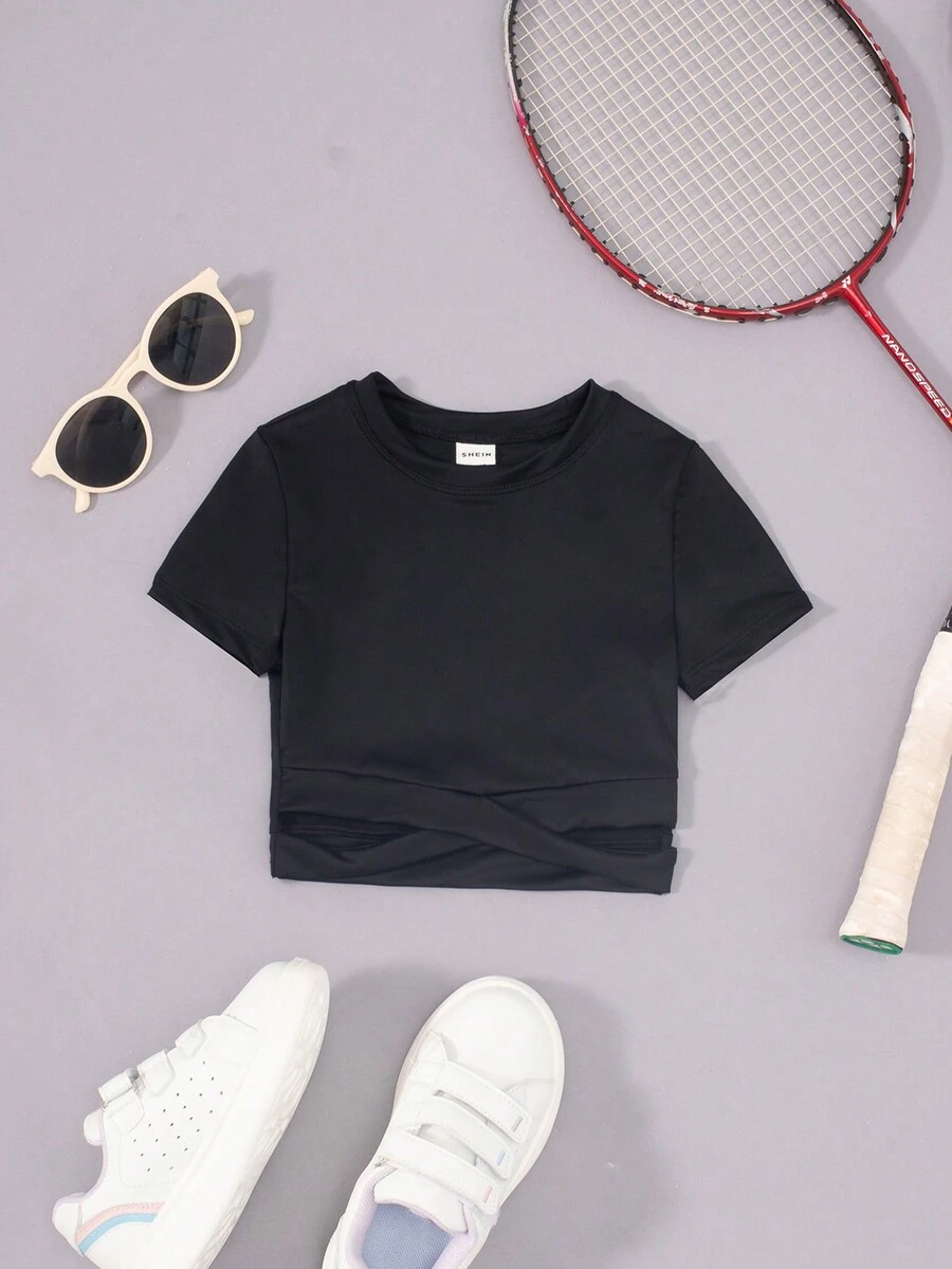 SHEIN Young Girl Solid Cross Waist Active Tee - Black - View 1