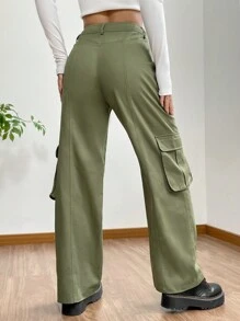 SHEIN EZwear 側翻蓋口袋工裝褲 - 綠色 - 查看 2