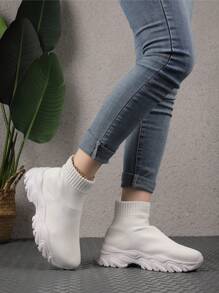 Women High Top Slip On Sports Shoes, Sporty White Sock Sneakers For Outdoor - White - View 5